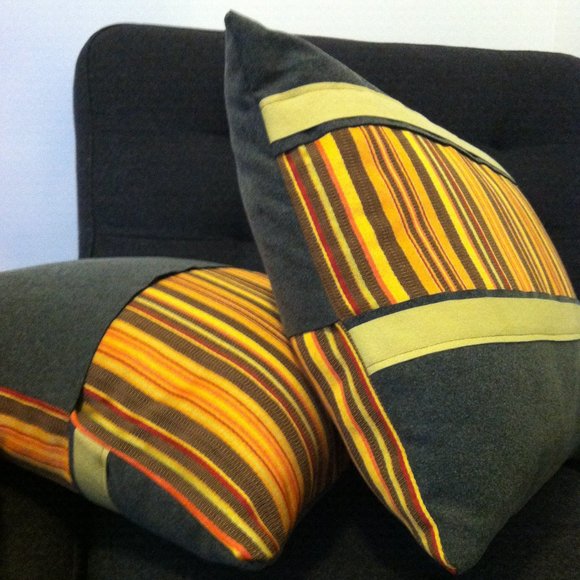 Stripped Orange & Gray, Handmade Decorative Pillow Cover, 14X18 - Picture 2 of 6